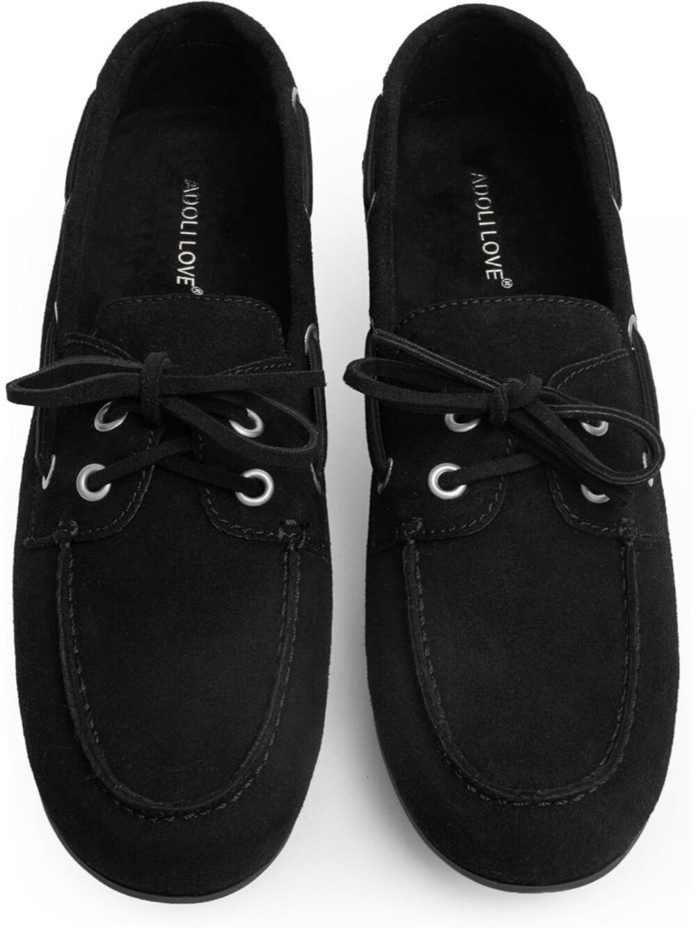 Women's Black Suede Comfortable Bow Lace Loafer Slip On Casual Flats Boat Shoes